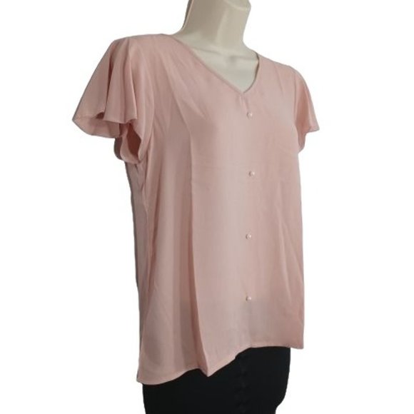 Shein Blouse Womens Small Pink Button Front Top Pullover Short Sleeve V-Neck - Picture 2 of 9